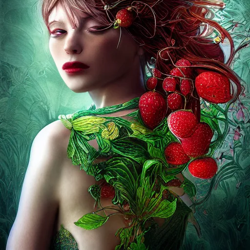 Image similar to the portrait of an absurdly beautiful, graceful, elegant, young woman made of strawberries and green petals, an ultrafine hyperdetailed illustration by kim jung gi, irakli nadar, intricate linework, bright colors, octopath traveler, final fantasy, angular, unreal engine 5 highly rendered, global illumination, radiant light, detailed and intricate environment