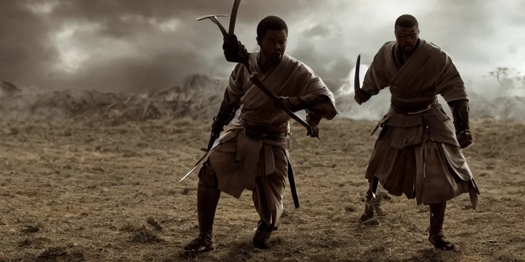 Image similar to a film still of a black man starring in a japanese blockbuster film as san ancient samurai, shallow depth of field, cinematic, award winning cgi, vfx, film still