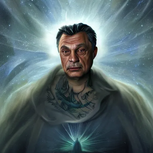 Image similar to a wlop 3 d render of very very very very highly detailed beautiful mystic portrait of viktor orban with whirling galaxy around, tattoos by anton pieck, intricate, extremely detailed, digital painting, artstation, concept art, smooth, sharp focus, illustration, intimidating lighting, incredible art,