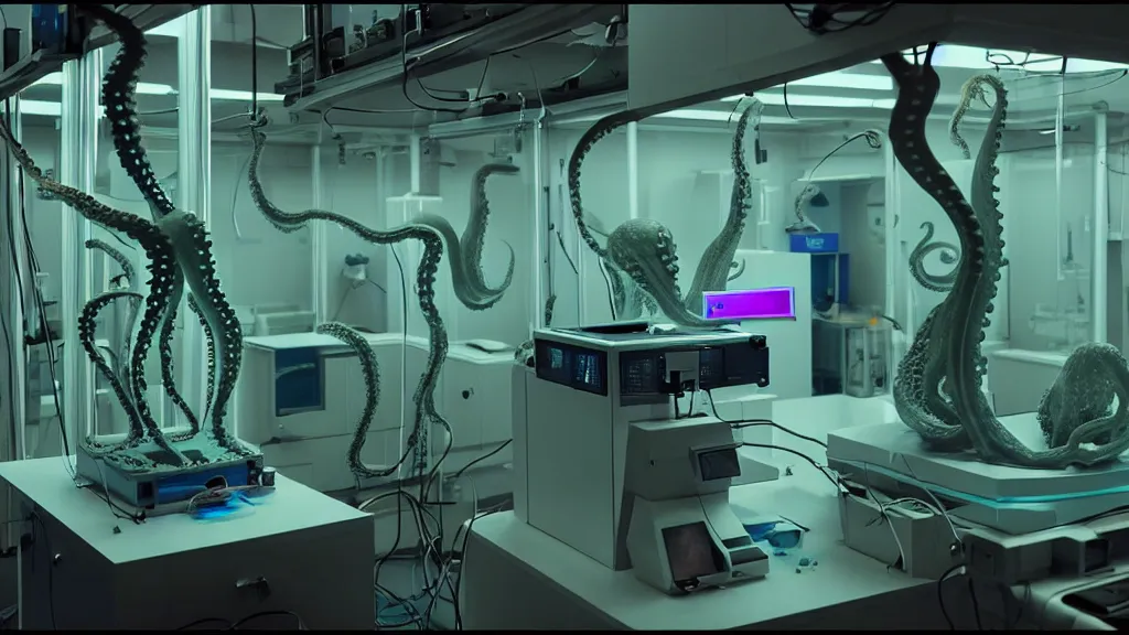 Prompt: a complex mri 3 d printer machine making colorful mutant octopus forms and control panels in the laboratory inspection room, film still from the movie directed by denis villeneuve with art direction by salvador dali, wide lens