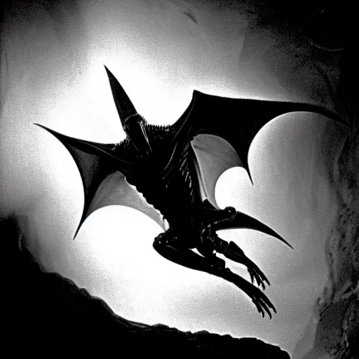 Image similar to a close - up, ultra detailed black & white studio photographic portrait of a loud screeching giant, bat - like creature flying towards you, you are exploring an alien planet and come across a strange, dark cave, dramatic backlighting, 1 9 7 3 photo from life magazine, by keith thompson, h. r. giger, in the style of the movie aliens