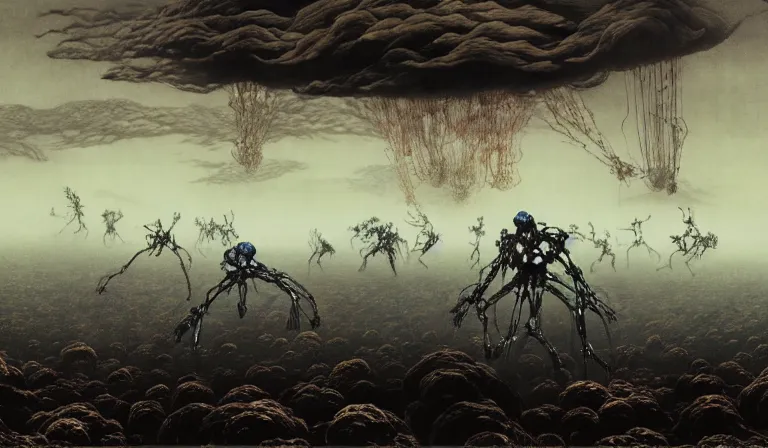 Image similar to still frame from Prometheus by Jakub rozalski by utagawa kuniyoshi by Yves Tanguy, Vast blossoming hell plains with resurrecting arcane glowing mycelium biomechanical giger cyborgs in style of Jakub rozalski with character designs by Neri Oxman, metal couture haute couture editorial