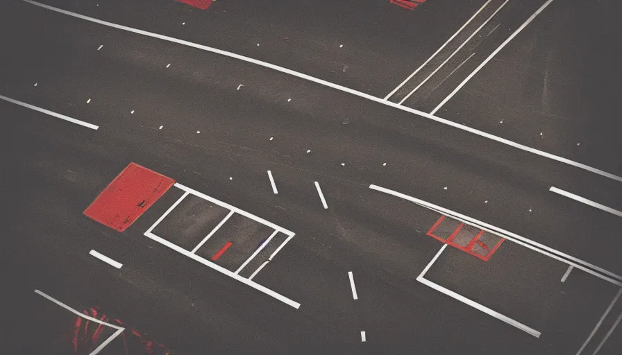 Prompt: analog polaroid photograph of a street with road markings, seen from above, high perspective, warm azure tones, red color bleed, duotone, heavy film grain, depth of field