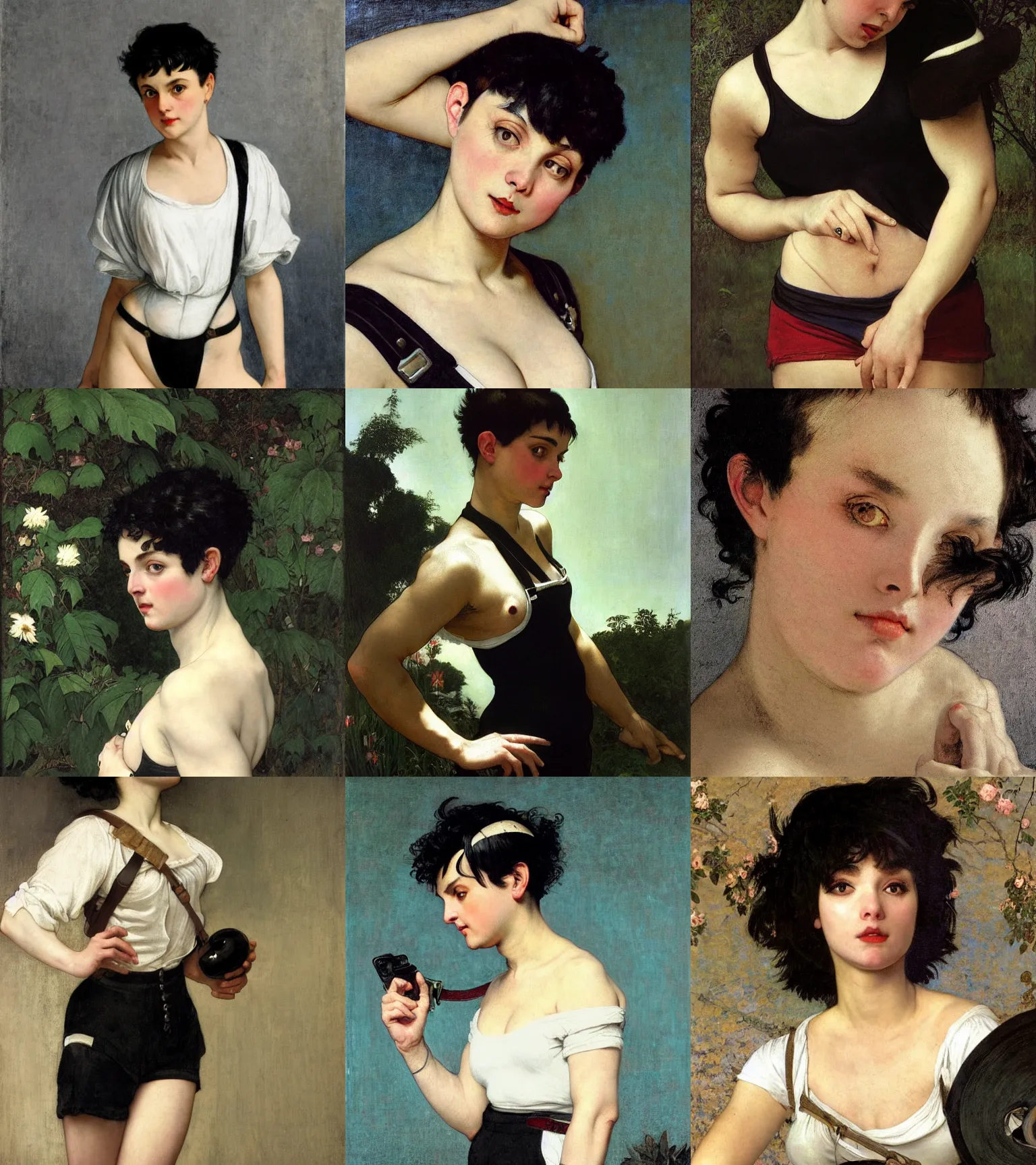 Prompt: a woman with black hair pixie cut in shorts with suspenders and white t-shirt drawn by caravaggio, Alexandre Cabanel, norman rockwell, peter paul rubens, maler collier, frank frazetta, alphonse mucha, gustav klimt 4k, unreal 5, DAZ, french noveau, octane render, hyperrealistic