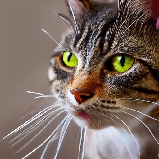 Image similar to hyperrealistic, cute feisty expressive tabby cat with a sombrero tucking, highly detailed, hyper detail, cottagecore!!, well lit, dynamic pose