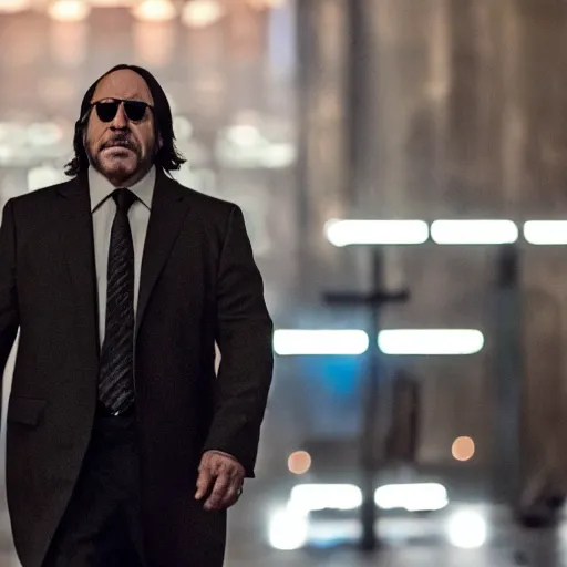 Image similar to A movie still of Danny Devito in John Wick (2014), dramatic lighting