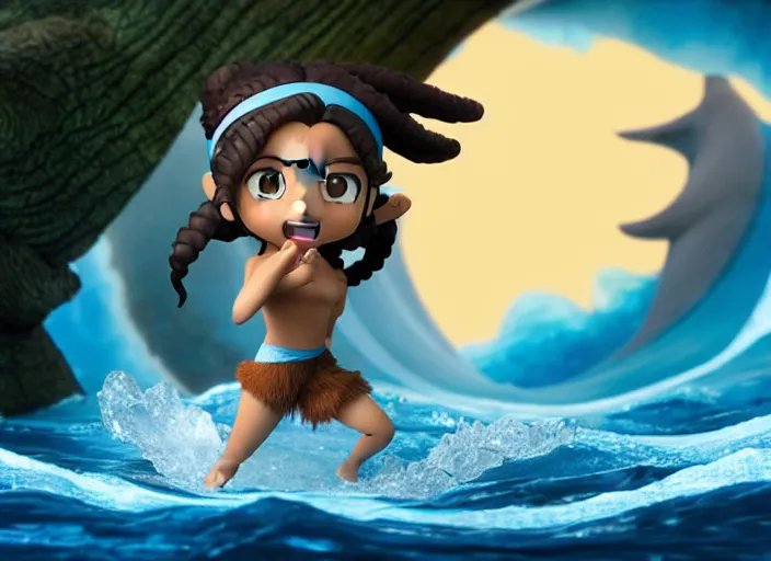 Image similar to katara from avatar as nendoroid is summoning a giant ocean wave in the croods movie style, anime, disney, pixar, 8 k, hd, dof, kodak film, volumetric lighting, subsurface scattering, photorealistic, octane render, details