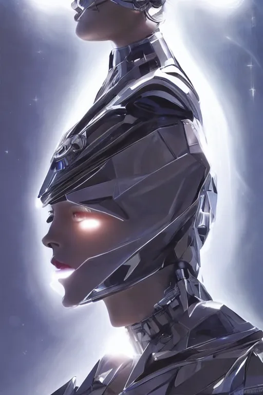 Image similar to beautiful cyborg priestess, scifi, perfect face, futuristic, elegant cape, aura of light, glow, concept art, sharp focus, inside a space ship, trending on artstation, hwang se - on, intricate, advanced technology, art by roman makarenko and simon almeida and marcos melco