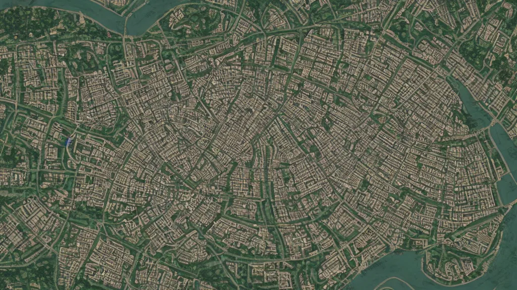 Image similar to a overhead map of a large holy city with a large tower in the center surrounded by rivers and a forest, trending on artstation