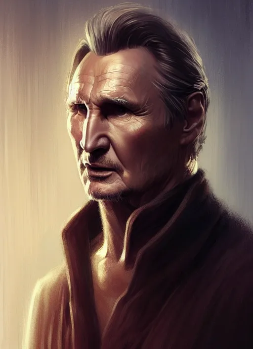 Image similar to old Liam Neeson, short beard! long hair! robes! modern, highly detailed, digital painting, artstation, concept art, sharp focus, illustration, by greg rutkowski