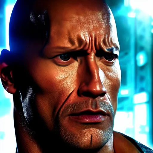 Image similar to dwayne johnson with terminator's eye, cyberpunk 2 0 7 7, photorealistic, ultra detailed, neon, octane, bokeh, cinematic lighting, cyber, cyberpunk city, studio quality, feature, scars, cyberface, 8 k