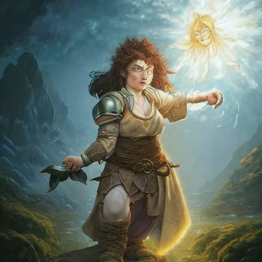 Image similar to full body portrait of a female halfling hobbit monk fistfighter warrior, communing with her goddess of mist and light, flowing robes and leather armor, detailed dynamic light painting by albrecht anker and peter mohrbacher