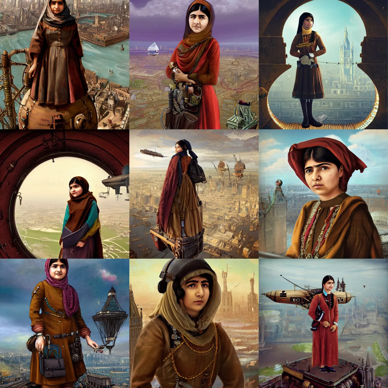 Prompt: Malala Yousafzai as a steampunk airship pilot standing on the bridge of her airship, looking out over Victorian London, digital steampunk art, trending on ArtStation