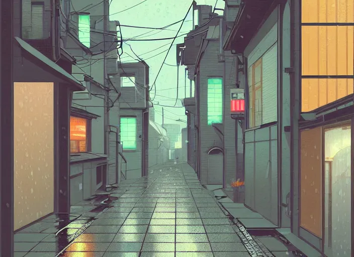 Image similar to window in foreground, tokyo alleyway, rainy day, by cory loftis, makoto shinkai, hasui kawase, james gilleard, beautiful, serene, peaceful, lonely, golden curve composition