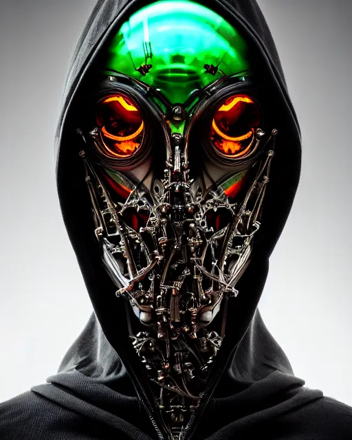Prompt: front shot of a cyberpunk hooded dead biomechanical demon in dichroic glass mask mastermind character, intricate, elegant, highly detailed, centered depth of field. blurred background, (((artstation, concept art, smooth, sharp focus, artgerm, Tomasz Alen Kopera, Peter Mohrbacher, donato giancola, Joseph Christian Leyendecker, WLOP, Boris Vallejo))), mugshot!!!!!, ugly!!!!!!, octane render, nvidia raytracing demo, grainy, muted