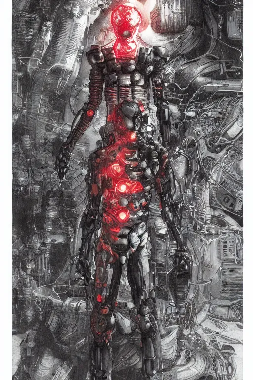 Image similar to powerful soldier wearing a crynet nanosuit, at dusk, a color illustration by tsutomu nihei, tetsuo hara and katsuhiro otomo