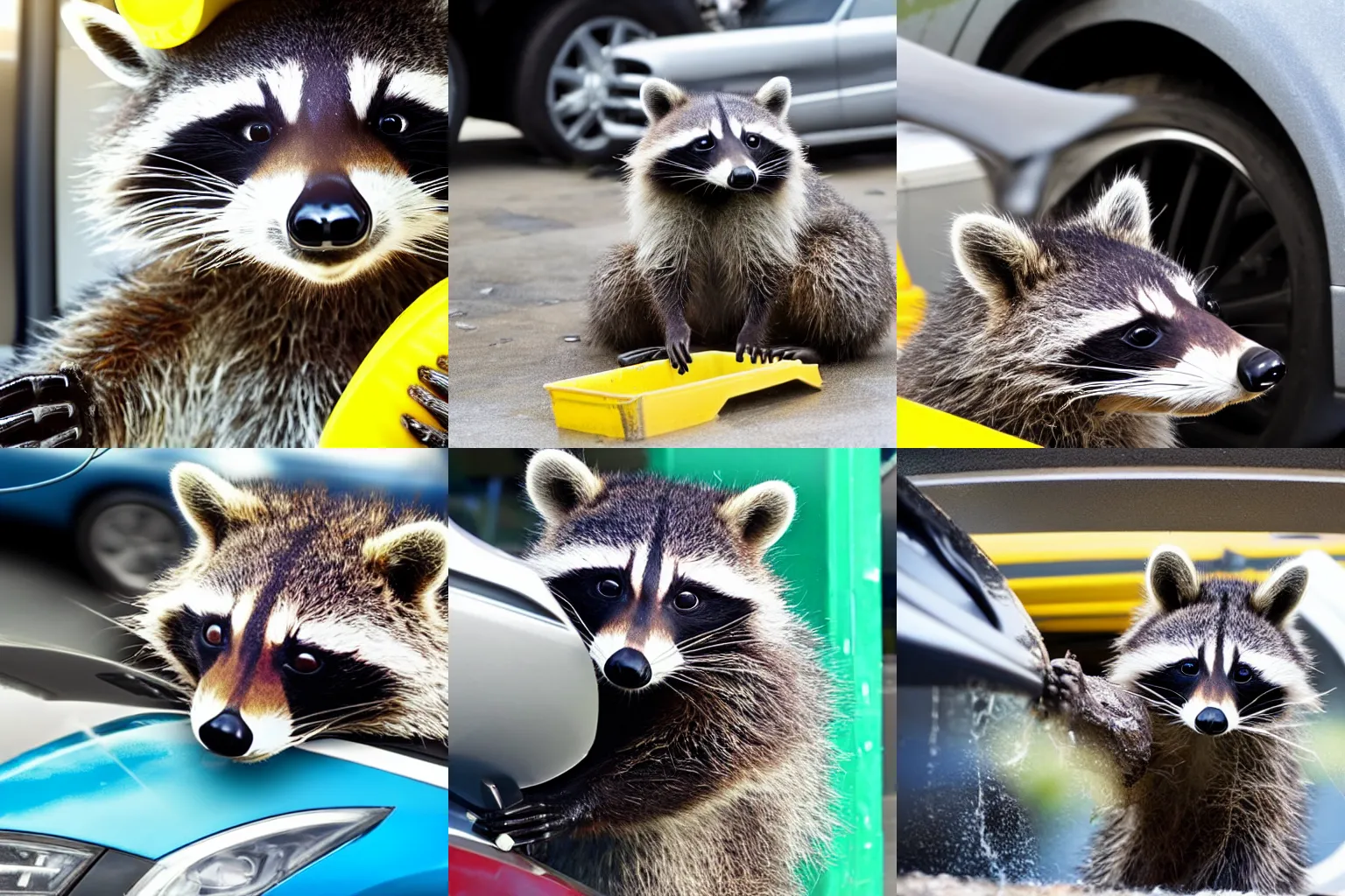 Prompt: highly detailed raccoon working at a car wash