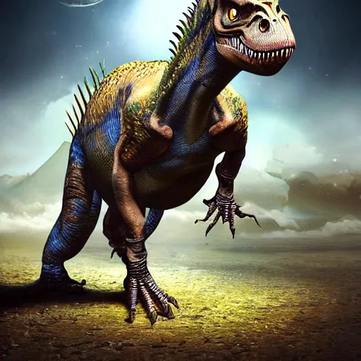 Image similar to a hyper realistic digital painting of a dinosaur in an space