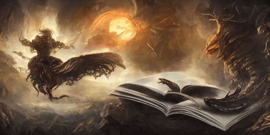 Prompt: Words lifting off the pages of a book, high quality fantasy art, 4k