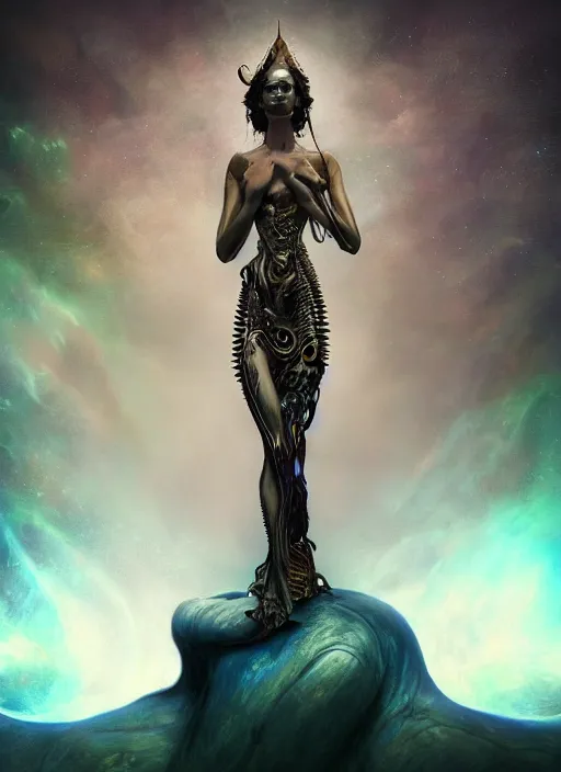 Prompt: epic portrait of menacing and proud yet stunningly beautiful biomechanical djinn overseeing the iridescent fabric of the universe, by charlie bowater, mandy jurgens, gustav klimt, octane render, dramatic camera angle, 4k, 8k, high detail, HDR, by tom bagshaw, powerful, with inspiration from Beksinski, inspired by greek goddess Athena