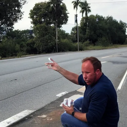 Image similar to alex jones begging for money on the side of the road