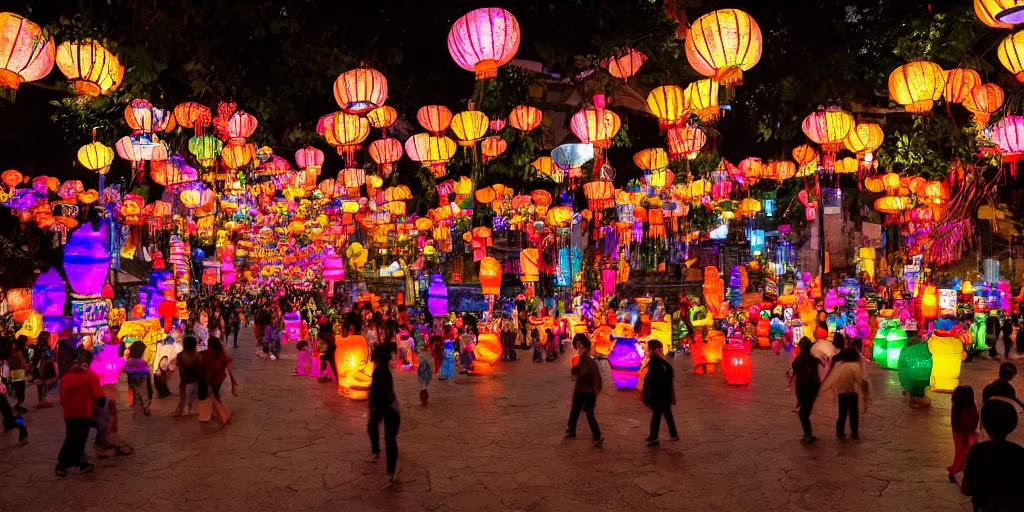 Prompt: a lantern festival in an ancient city in asia, vibrant and colorful, soft lightning, spooky, 8 k, photorealistic, 3 5 mm, trending on artstation