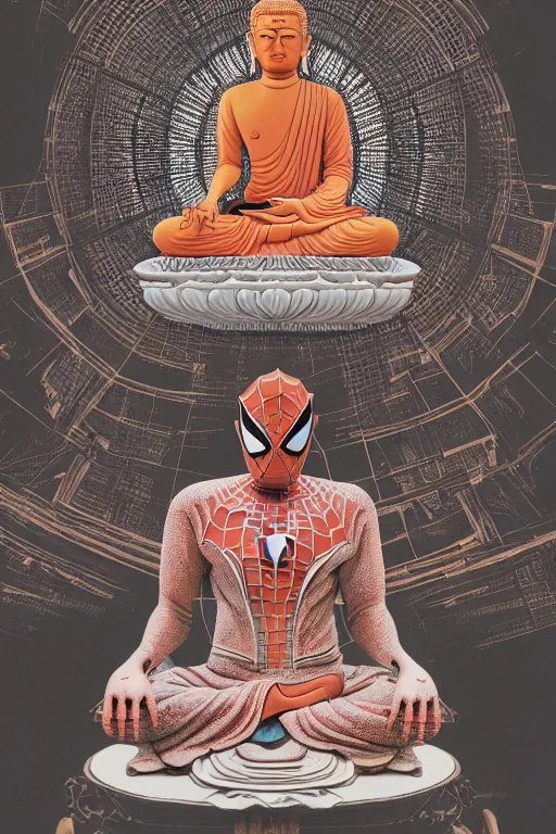 Image similar to digital masterpiece illustration concept art of porcelain statue of buddha gautama as spiderman, virasana, lotus, padmasana, extremely detailed and intricate complexity, epic composition, magical atmosphere, cinematic lighting, wide long shot, trending on artstation, 8 k