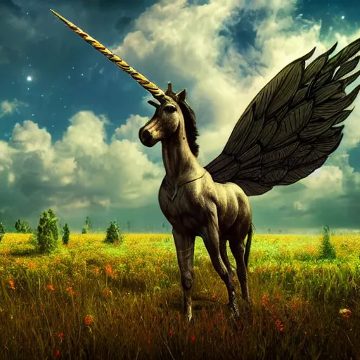 Image similar to a unicorn with wings dancing in a field of tall marijuana plants with a psychedelic sky,, ultra realistic, concept art, intricate details, highly detailed, photorealistic, octane render, 8 k, style of jean baptiste monge