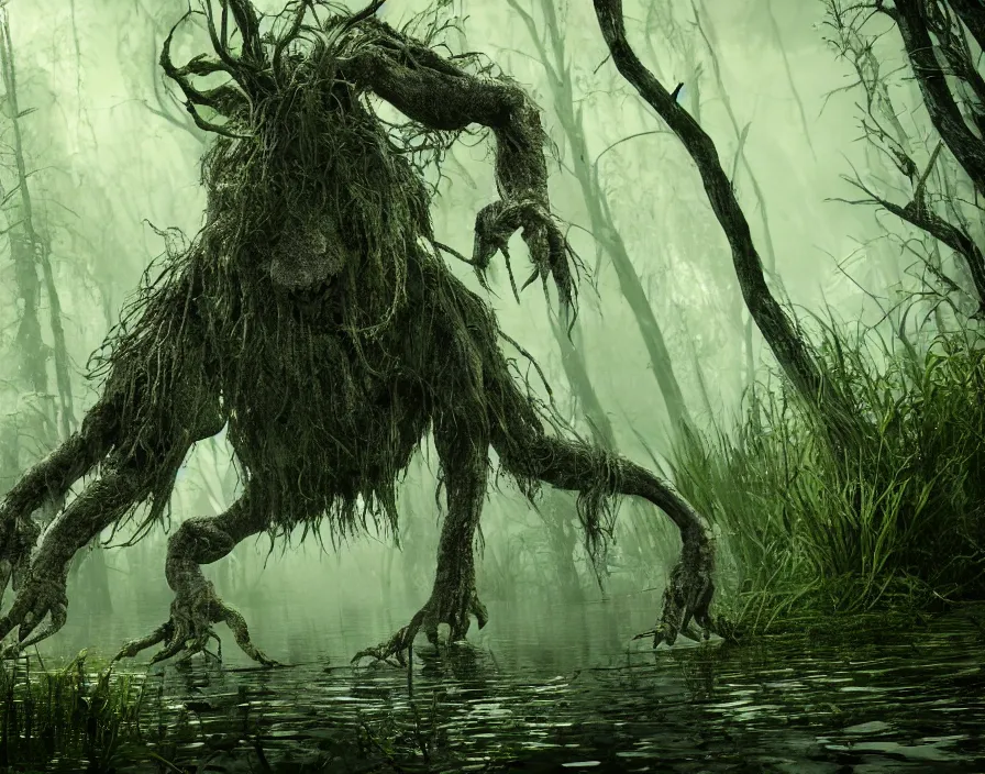 Image similar to swamp monster, realistic, beautiful texture, beautiful graphics, fantasy artwork, very beautiful scenery, hd, hdr, ue 5, ue 6, unreal engine 5, cinematic 4 k wallpaper, 8 k, ultra detailed