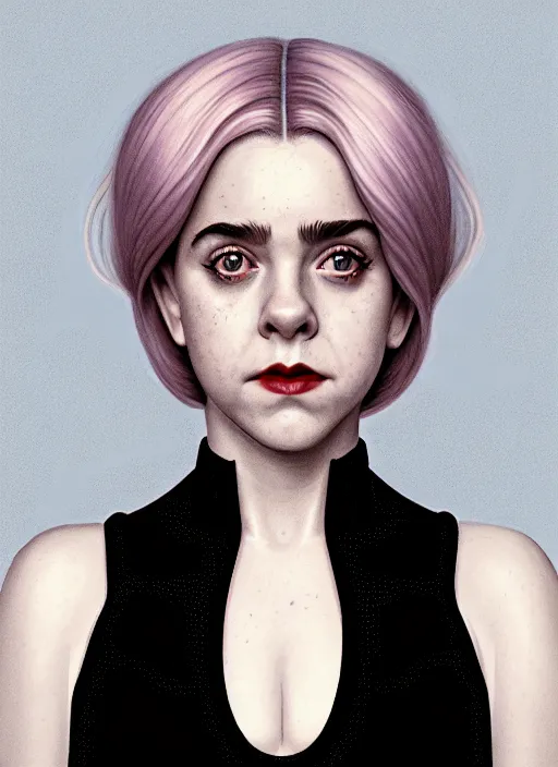 Image similar to full body portrait, kiernan shipka as sabrina spellman, white hair, obese, bangs, sultry, realistic, sultry smirk, fluffy bangs, freckles, fat, belly, intricate, elegant, highly detailed, digital painting, artstation, concept art, smooth, sharp focus, illustration, art by wlop, mars ravelo and greg rutkowski