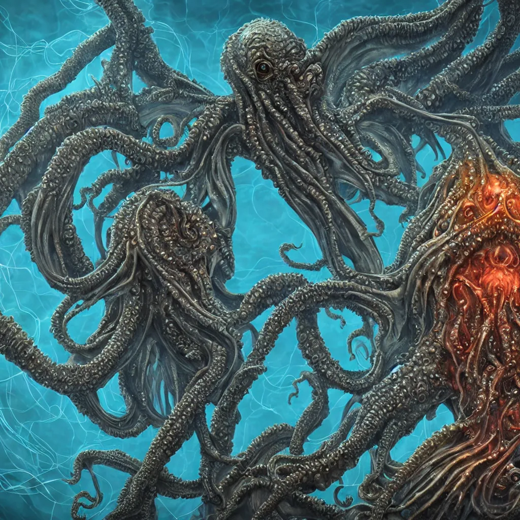 Image similar to close-up macro portrait of a Cthulhu and other fantastical sea creatures, epic angle and pose, ribcage bones symmetrical artwork, 3d with depth of field, blurred background, cybernetic jellyfish female face skull phoenix bird, translucent, nautilus, energy flows of water and fire. a highly detailed epic cinematic concept art CG render. made in Maya, Blender and Photoshop, octane render, excellent composition, cinematic dystopian brutalist atmosphere, dynamic dramatic cinematic lighting, aesthetic, very inspirational, arthouse. Greg Rutkowski, Ilya Kuvshinov, WLOP, Stanley Artgerm Lau, Ruan Jia and Fenghua Zhong