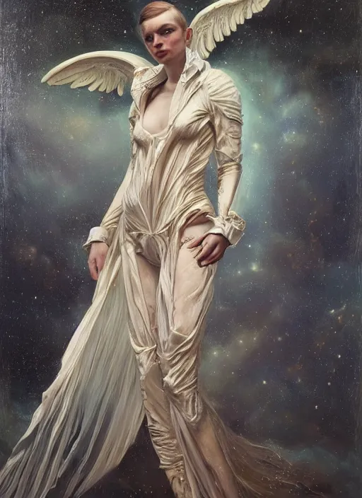 Prompt: highly detailed oil painting | very intricate | cinematic lighting | award - winning | astronaut angel high fashion by alexander mcqueen | by roberto ferri, by tom bagshaw, by j. c. leyendecker and klimt, american romanticism, by austin osman spare, artstation, cgsociety, official art, octane