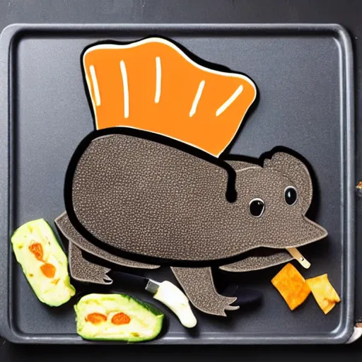 Image similar to platypus wearing a chef hat while cooking a lasagna with three basil leaves over the lasagna