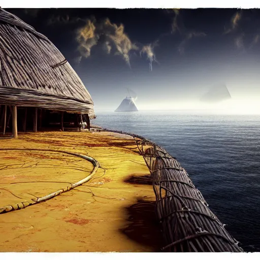 Image similar to alien contact with a mauritian fishing village 1 6 7 6, fineline detail, cinematic quality, high octane, vray render, subsurface scatter, drum scanner intricate complexity, golden ratio, fibanci