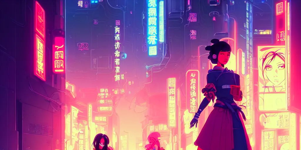 Prompt: digital illustration closeup of cyberpunk geisha in city street at night by makoto shinkai, ilya kuvshinov, lois van baarle, rossdraws, basquiat | afrofuturism, in the style of hearthstone, trending on artstation | cool color scheme