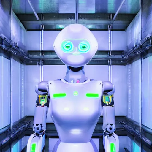 Image similar to futuristic humanoid robot in a containment facility, photorealistic, neon lights,