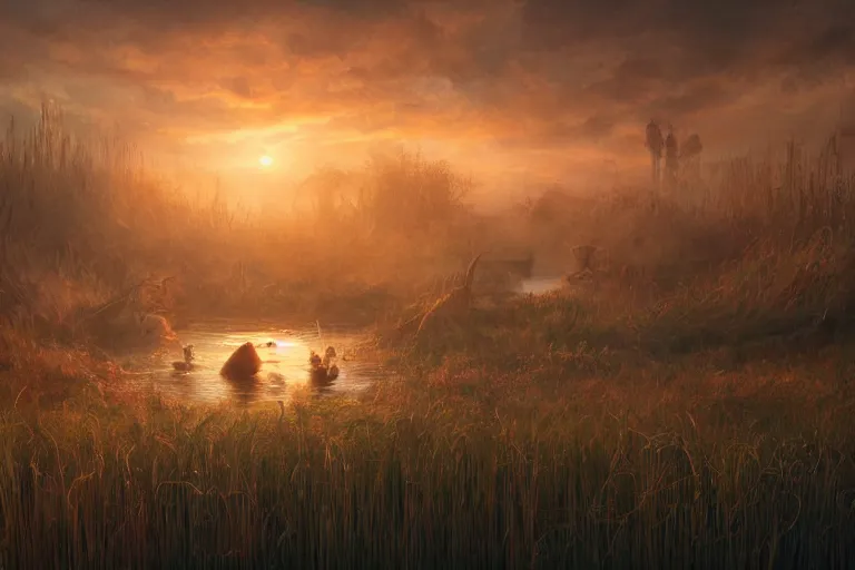 Image similar to fantasy painting, dungeons and dragons, a faerie village, swamp reeds wetland marsh sunset with ominous shadows, a bunny by jessica rossier and brian froud cinematic painting