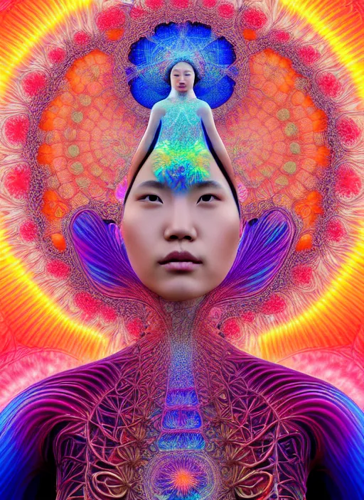 Prompt: ridiculously beautiful young asian woman tripping, layers of coral and light fractals radiating behind with sacred geometry, cosmic, natural, awakening, symmetrical, in the style of ernst haeckel and alex grey, effervescent, warm, photo realistic, epic and cinematic