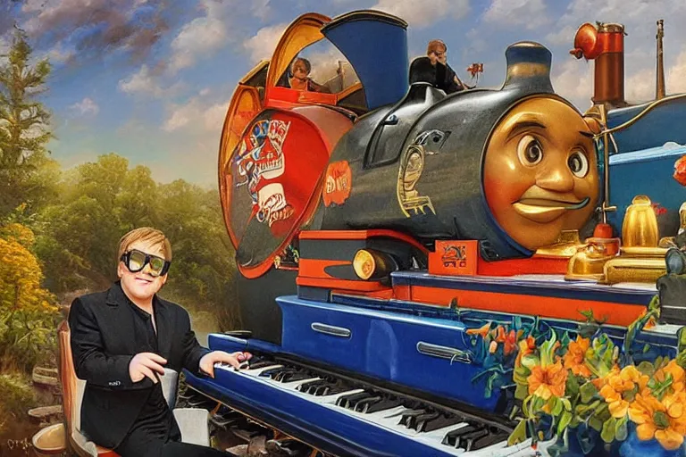 Image similar to elton john playing a piano on top of thomas the tank engine, an oil painting by ross tran and thomas kincade