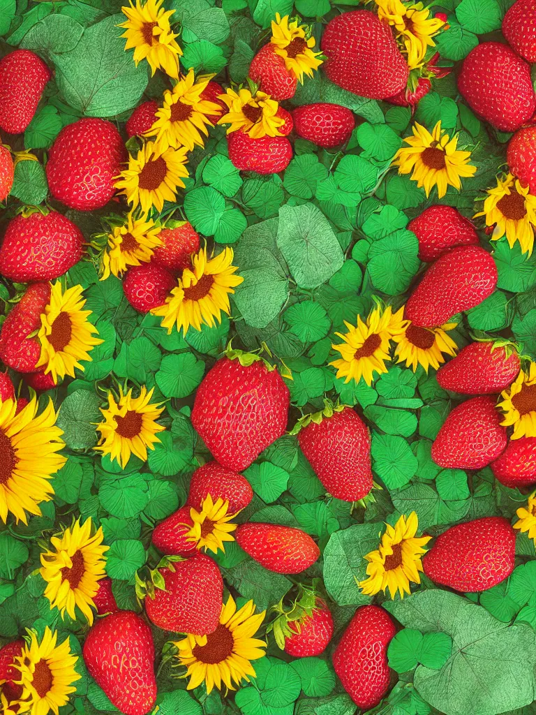 Prompt: photo of beautiful decorative ornament fibonacci rhythms, sunflowers, strawberries, four leaf clover, highly detailed, rendered in octane, vibrant colors, 3 5 mm