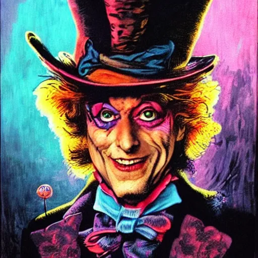 Prompt: a portrait of the mad hatter in wonderland, by basil gogos and phillipe druillet and paul lehr, trending on artstation hq, deviantart, pinterest, 4 k uhd image