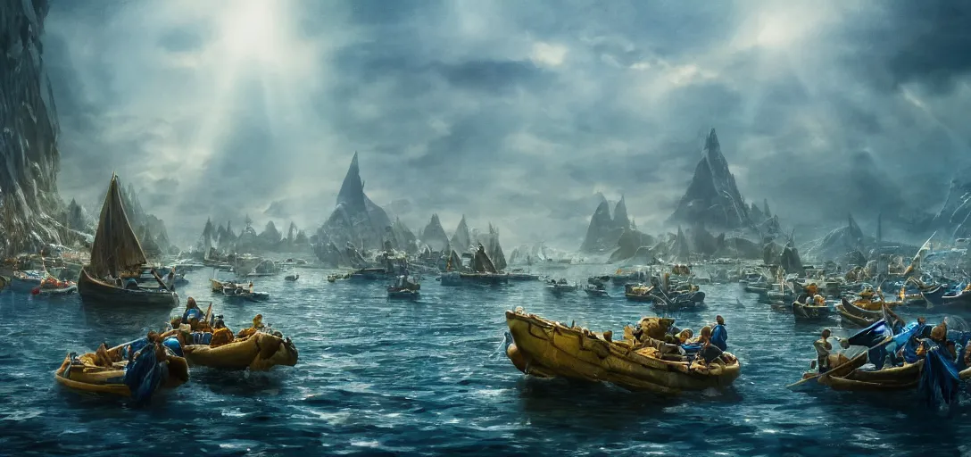 Image similar to cinematic, market aquare, blue and gold boats, dozens of people, hybrid from the lord of the rings and art direction by darius zawadzki, sharp focus, highly detailed, wideangle epic scale, dynamic dramatic lighting, shadows, cinematic atmosphere, artstation, hyperrealistic, 8 k 4 k uhd image