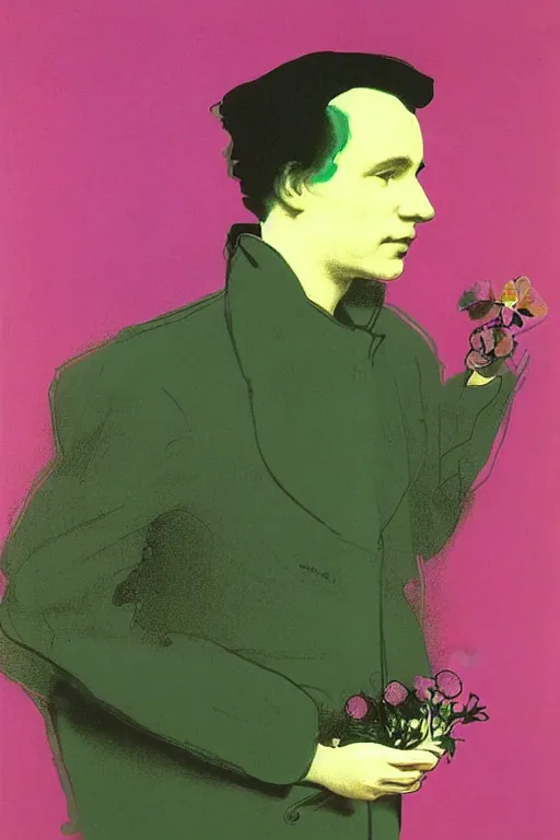 Image similar to andy warhol colorful portrait, bloom flowers, modern, eclectic, illustration, by ramon casas