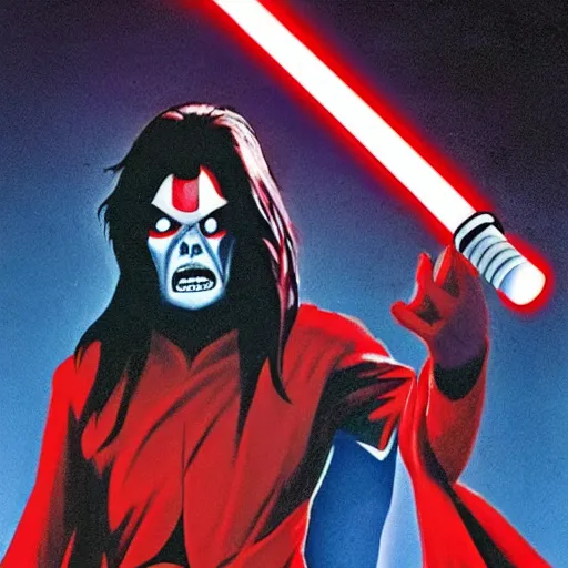 Prompt: morbius with a lightsaber in his hands