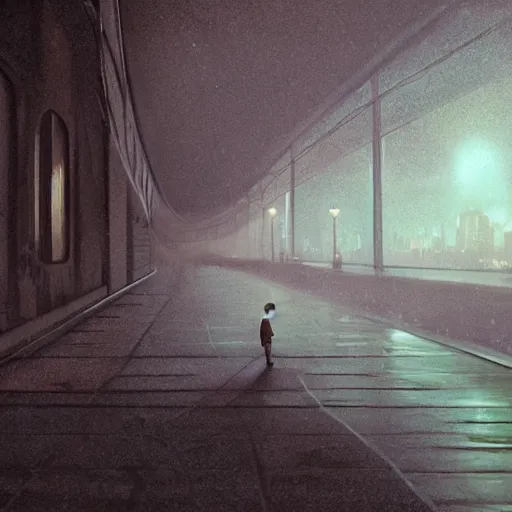 Image similar to a lonely boy on a city bridge looking to the river at night, digital painting, masterpiece, digital art, hyperrealistic, concept art, octane render, unreal engine 5, trending on deviantart, sad atmosphere, centered, anatomically correct, oil painting, high contrast, serene scenery, loneliness, path traced, dark night, paul lehr, 2 d