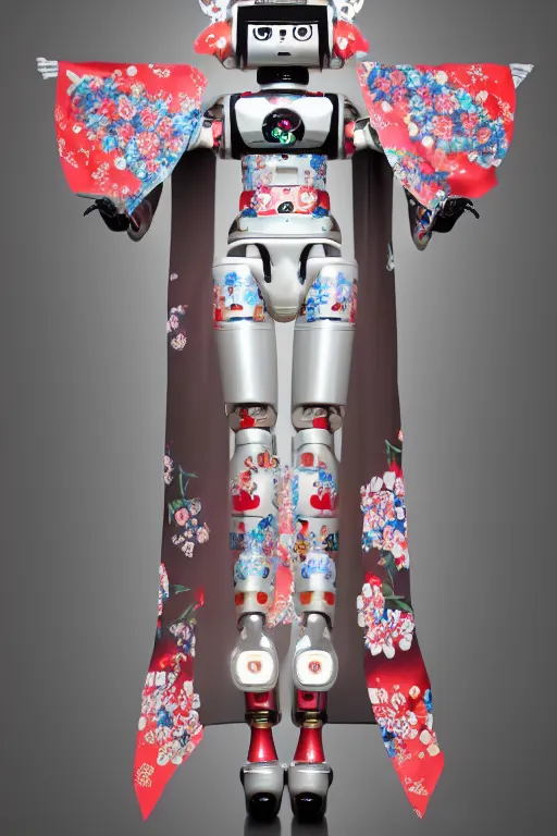 Image similar to full body portrait of a Japanese robot geisha with kanji tattoos and decals wearing a digital pixelated kimono, intricate design, photorealistic, octane render, raytraced, ultra fine detailed, character design, trending on artstation