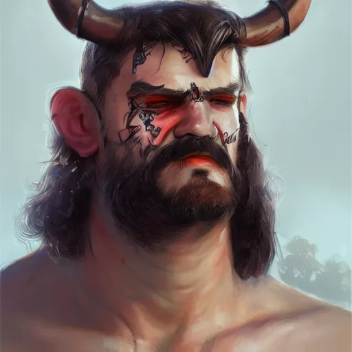 Prompt: portrait barbarian with face tattoo and trucker mustache, 8 k, trending on art station, by tooth wu and greg rutkowski