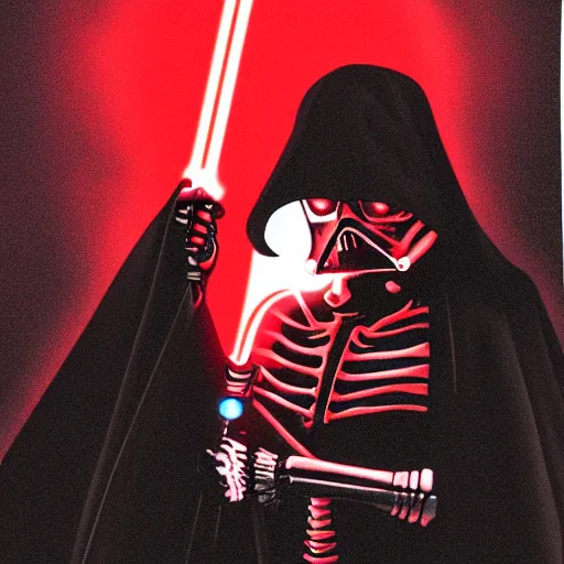 Prompt: a skeleton in a black cloak and with a red lightsaber