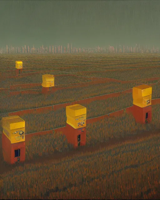 Image similar to corporate data theft by Simon Stålenhag and Grant Wood, oil on canvas