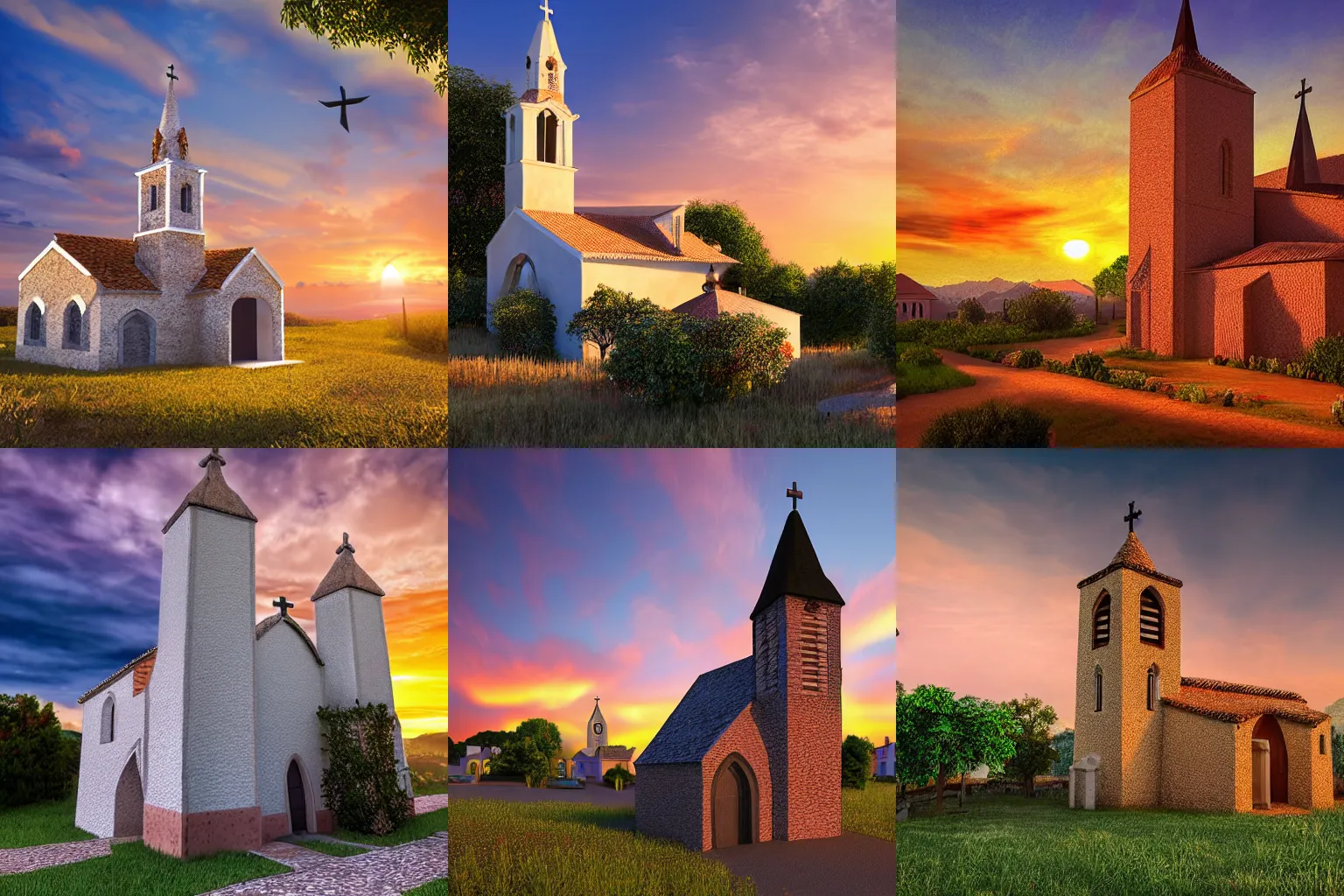 Prompt: a church of a spanish village in summer with the sunset, hyperrealistic photo, super detailed photo, 8k